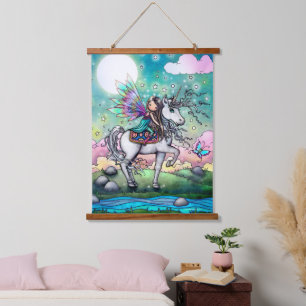 Fantasievolle Einhorn- und Feen-Süß-Illustration Wandteppich Mit Holzrahmen