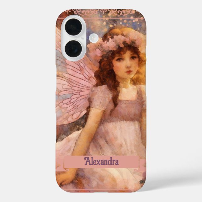 Fantasievolle Fee im träumerischen rosa Blumen Gar iPhone 16 Hülle (Rückseite)