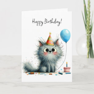 Fantasievolle graue Katzen-Partyhut-Ballon-Geburts Karte