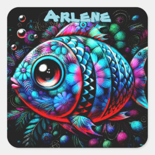 Fantasievolle großäugige Fisch-Nautik-Personalisie Quadratischer Aufkleber