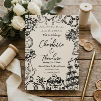 Fantasievolle handgezeichnete Hochzeitseinladung | Einladung
