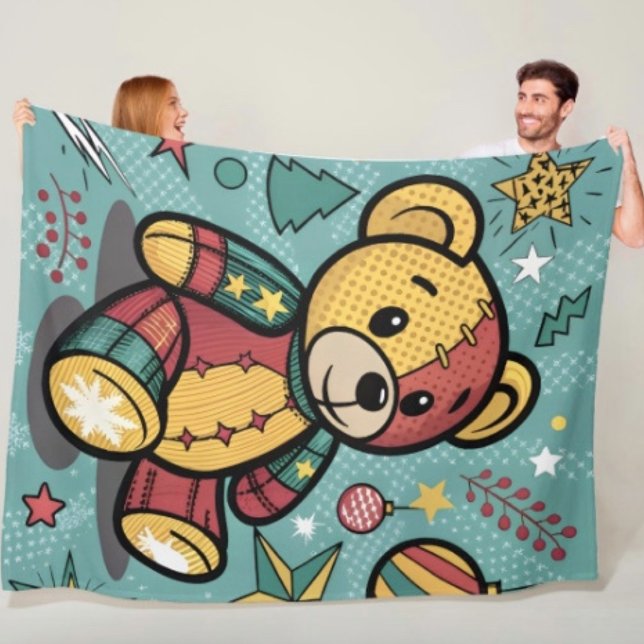 Fantasievolle Patchwork-Weihnachts-Teddybär Fleecedecke (Fleece  blanket - soft and colourful available  in 3 different sizes.)