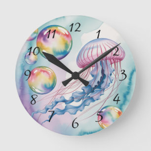 Fantasievolle Regenbogen-Qualle Wasserfarben-Desig Runde Wanduhr