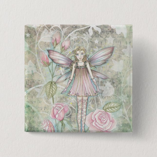 Fantasievolle Rosenfee Button (Vorderseite)