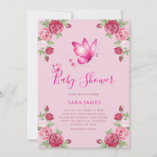 Fantasievolle Schmetterling- und Rosen-Baby-Einlad Einladung