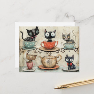 Fantasievolle Teetassen-Katzen Postkarte