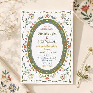 Fantasievolle Volksblumen-Vögel-Hochzeitseinladung Einladung