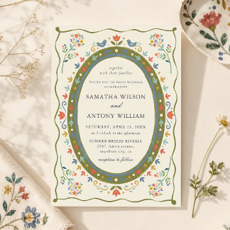 Fantasievolle Volksblumen-Vögel-Hochzeitseinladung Einladung