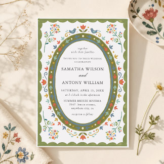 Fantasievolle Volkskunst Blumen Vögel Hochzeitsein Einladung
