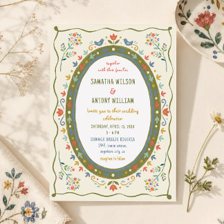 Fantasievolle Volkskunst-Blumen-Vögel-Hochzeitsein Einladung