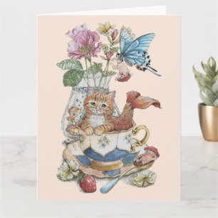 Fantasievolle Wasserfarbe Purrmaid Teetasse Blumen Karte