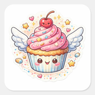 Fantasievoller geflügelter Cupcake – Süßes Design. Quadratischer Aufkleber