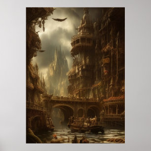 Fantastic city the river the bridge the buildings poster