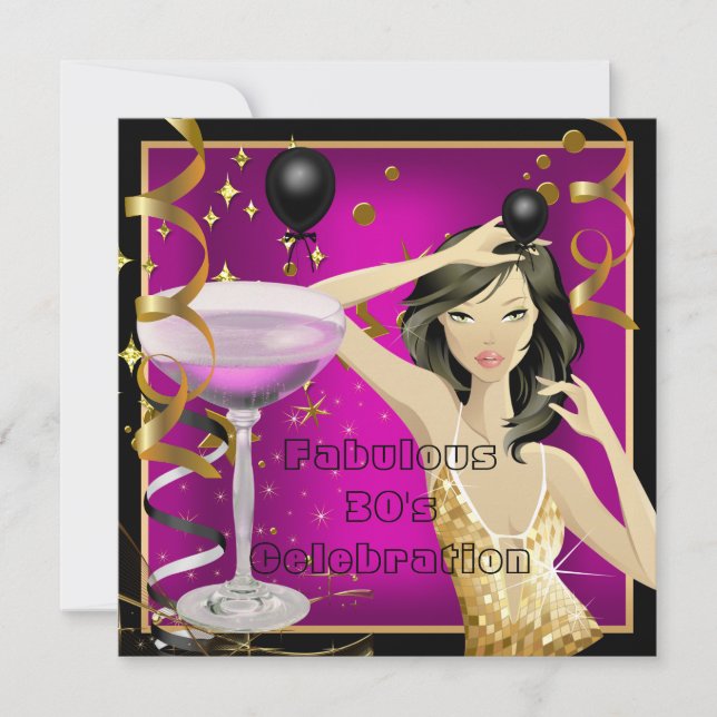 Fantastische 30. Pink Gold Black Birthday Party Einladung (Vorderseite)