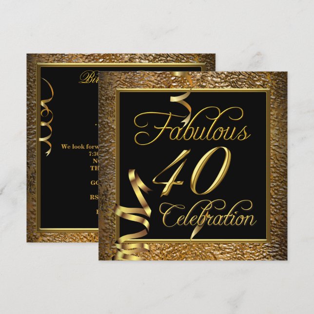 Fantastische 40 Celebration Gold Black Birthday Pa Einladung (Vorne/Hinten)