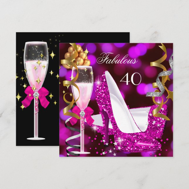 Fantastische 40 Hot-Pink-Goldblasen Glitzer Party  Einladung (Vorne/Hinten)