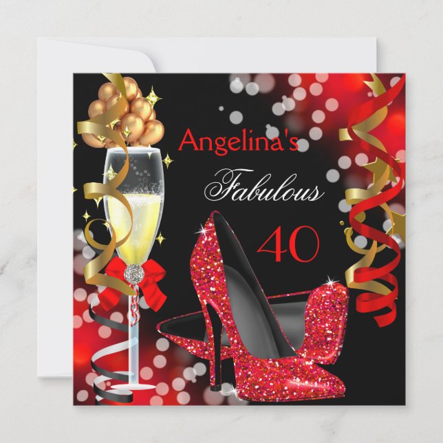 Fantastische 40 Red Heelses Gold Bubbles Geburtsta Einladung (Vorderseite)