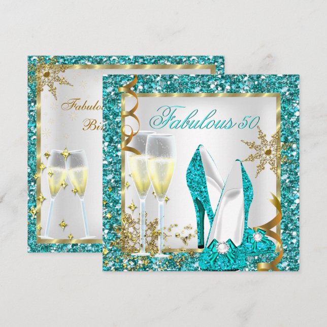Fantastische 50 Aquamarin Blue Glitzer Gold Geburt Einladung (Vorne/Hinten)