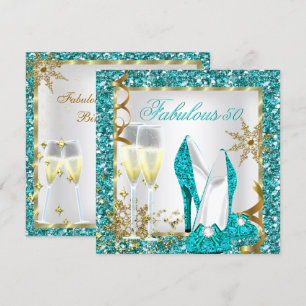Fantastische 50 Aquamarin Blue Glitzer Gold Geburt Einladung