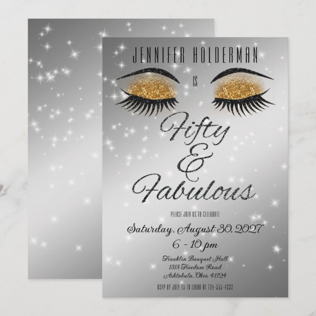 Fantastische 50 Black Gold Glam Augen Einladung (Vorne/Hinten)