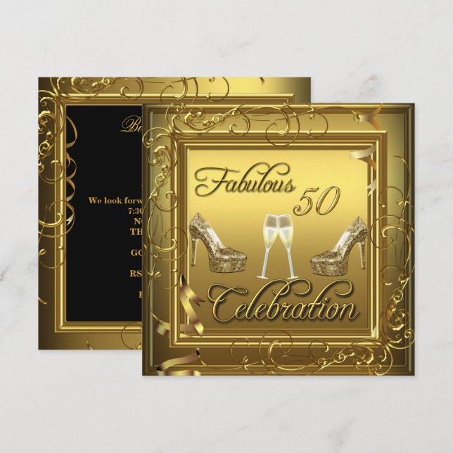 Fantastische 50 Celebration Gold Black Champagne Einladung (Vorne/Hinten)