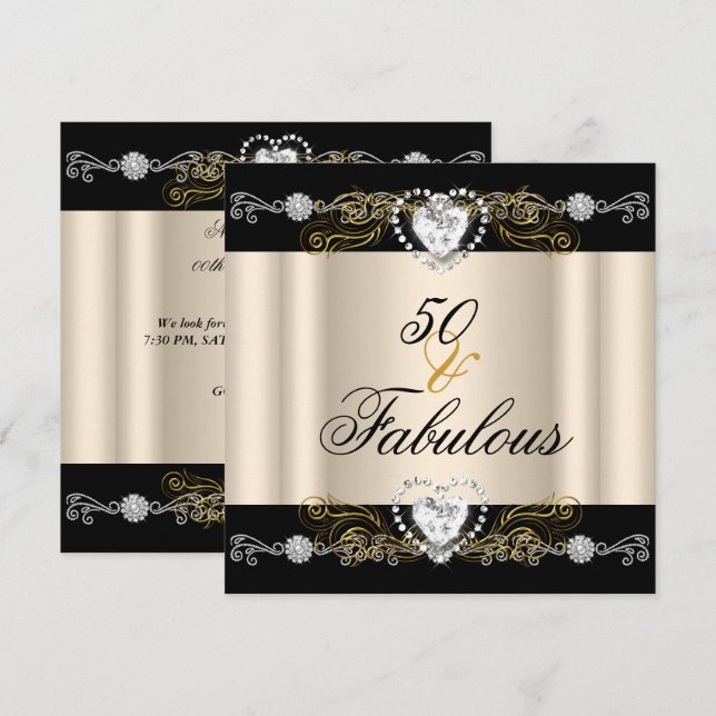 Fantastische 50 Creme Black Silver Gold 50. Geburt Einladung (Vorne/Hinten)