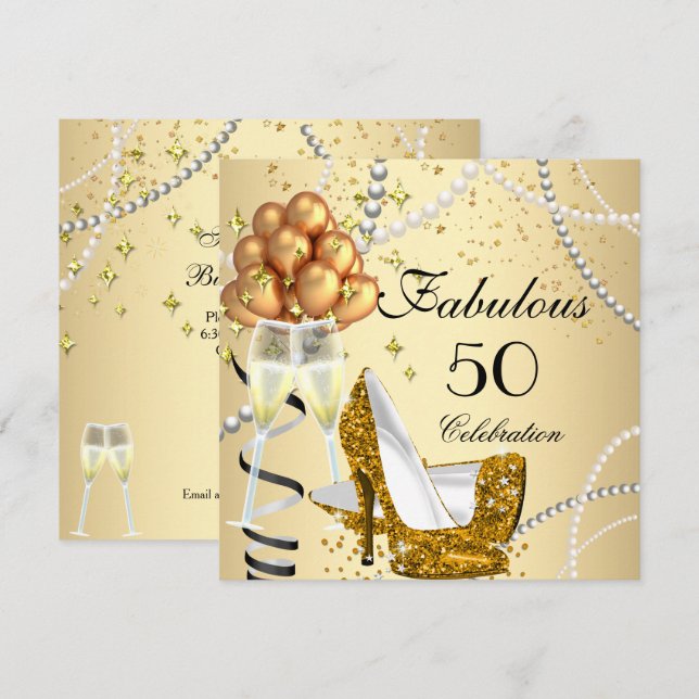Fantastische 50 Creme Gold Heelse Champagne Geburt Einladung (Vorne/Hinten)