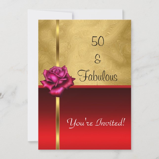 Fantastische 50. Geburtstag Gold Rote Blume Einladung (Vorderseite)