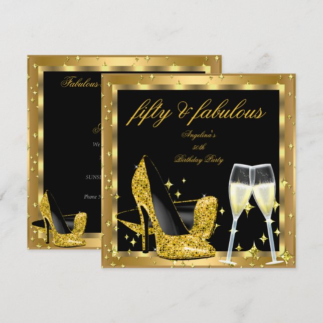 Fantastische 50 Gold Champagner High Heels Geburts Einladung (Vorne/Hinten)