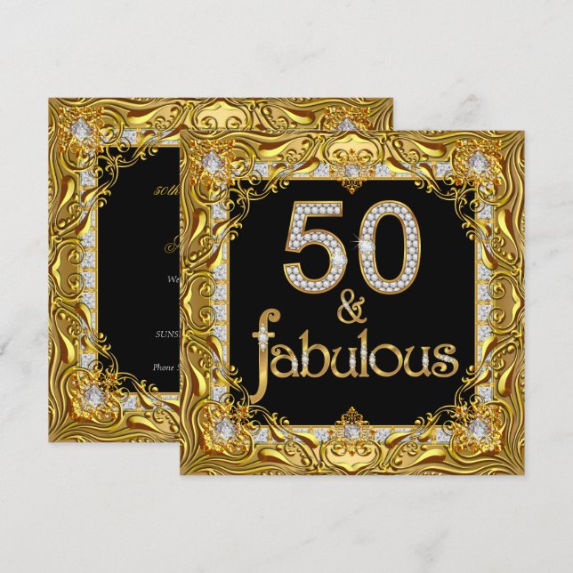 Fantastische 50 Gold Diamond auf der Black Birthda Einladung (Vorne/Hinten)