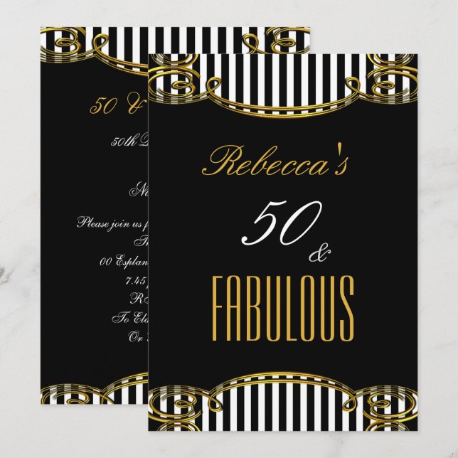 Fantastische 50 Gold Schwarz-weiß Stripe Geburtsta Einladung (Vorne/Hinten)