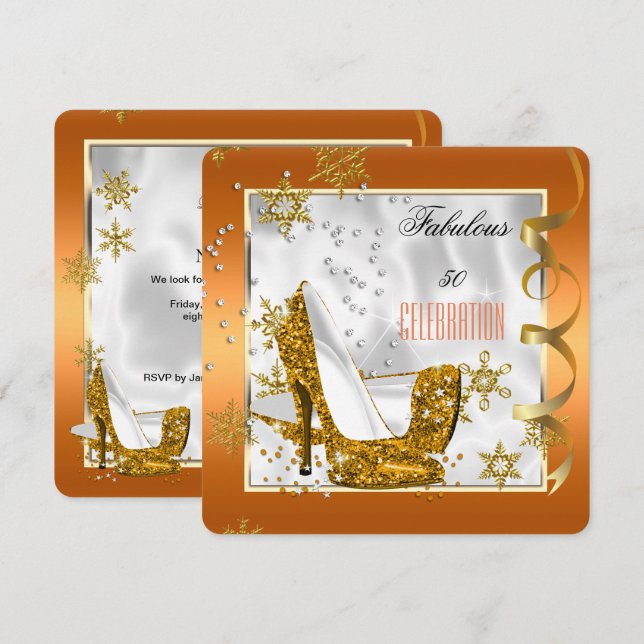 Fantastische 50 Orange Gold White Heelses Geburtst Einladung (Vorne/Hinten)