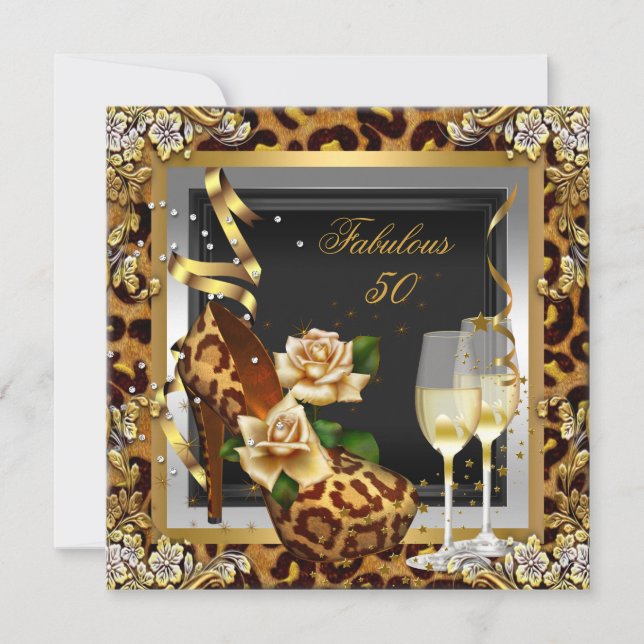 Fantastische 50 Party Gold Leopard High Heels Einladung (Vorderseite)