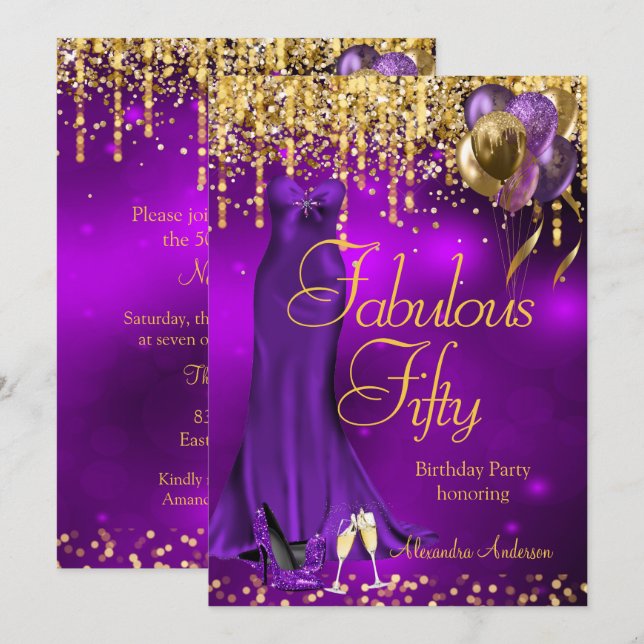 Fantastische 50 Party Lila Glitzer Gold Heelse Kle Einladung (Vorne/Hinten)