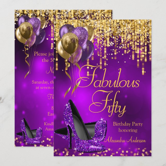 Fantastische 50 Party Lila Glitzer Gold High Heel Einladung (Vorne/Hinten)