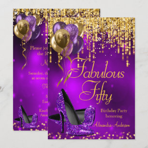 Fantastische 50 Party Lila Glitzer Gold High Heel Einladung