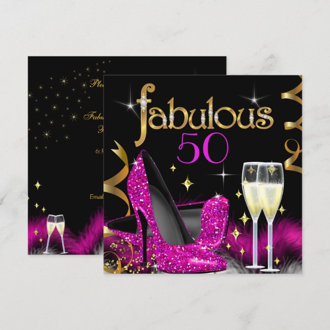 Fantastische 50 Party Rosa High Heels Gold Black Einladung (Vorne/Hinten)