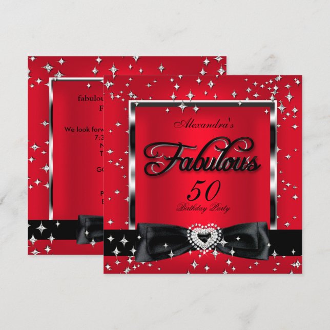 Fantastische 50 Party Rote Silberstars Schwarz Einladung (Vorne/Hinten)