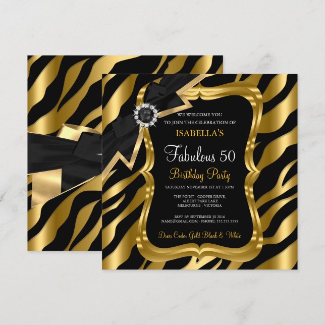 Fantastische 50 Pearl Gold Bow Black Zebra Einladu Einladung (Vorne/Hinten)