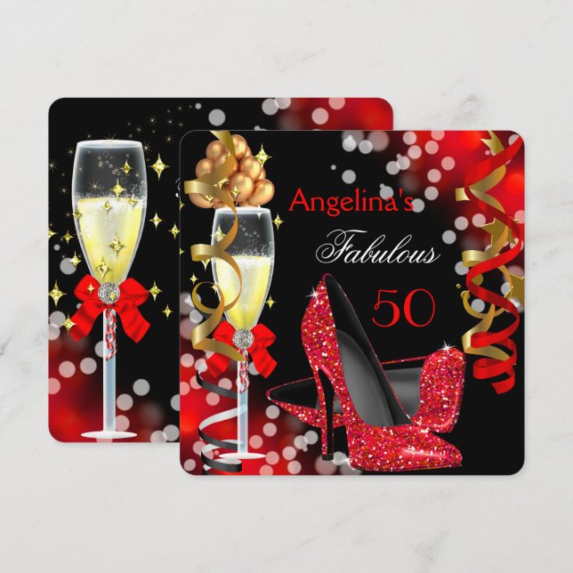 Fantastische 50 Red Heelses Gold Bubbles Geburtsta Einladung (Vorne/Hinten)