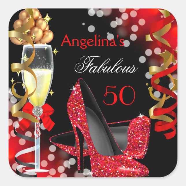 Fantastische 50 Red Heelses Gold Bubbles Geburtsta Quadratischer Aufkleber (Vorderseite)