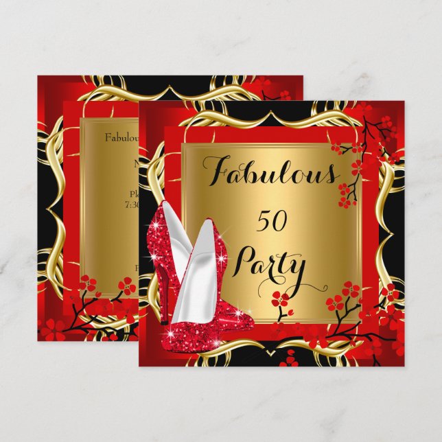 Fantastische 50 Red Hi Heelse Blossom Black Gold Einladung (Vorne/Hinten)