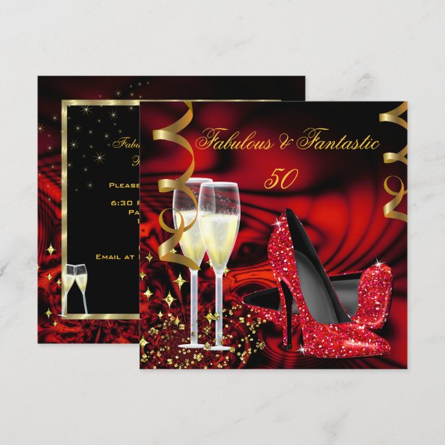 Fantastische 50 Rot Gold Abstrakt Geburtstag Einladung (Vorne/Hinten)
