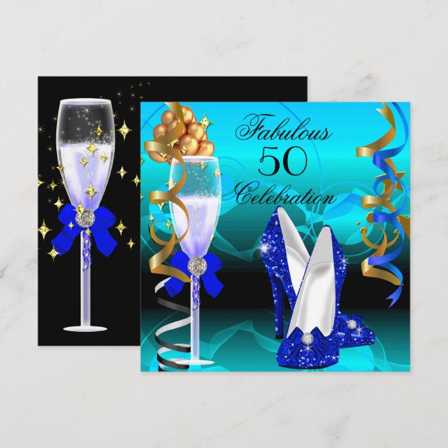 Fantastische 50 Royal Blue Aquamarin Gold Geburtst Einladung (Vorne/Hinten)