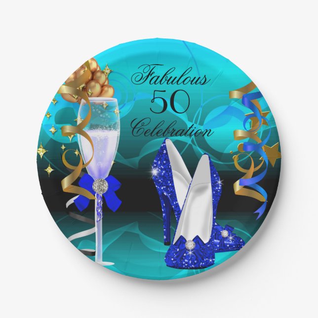 Fantastische 50 Royal Blue Aquamarin Gold Geburtst Pappteller (Vorderseite)