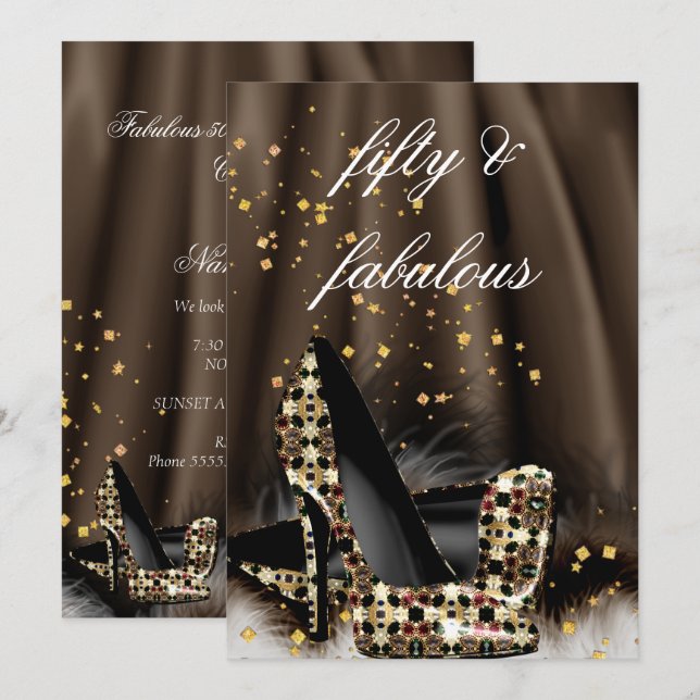 Fantastische 50 Schokolade Braun Gold Heels Geburt Einladung (Vorne/Hinten)