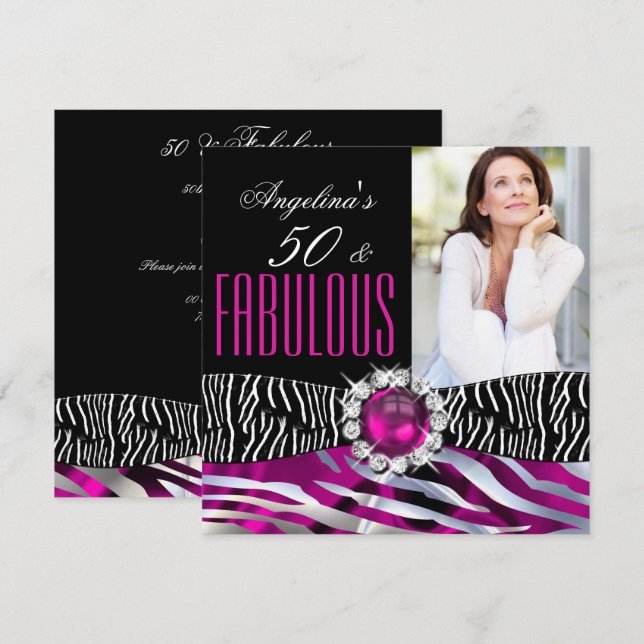 Fantastische 50 Zebra Black Pink Silberne Geburtst Einladung (Vorne/Hinten)