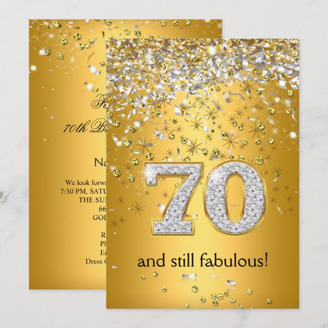 Fantastische 70 Gold Silver Streamers 70. Geburtst Einladung (Vorne/Hinten)