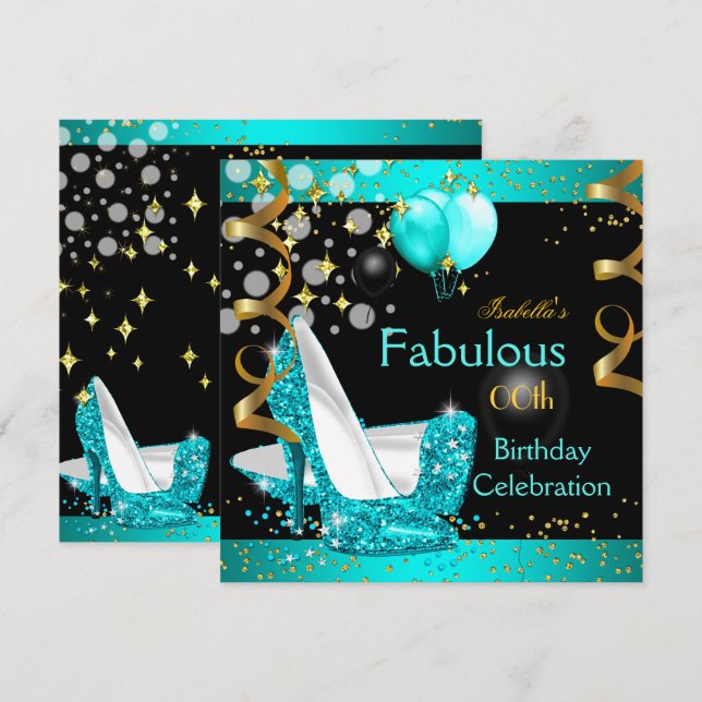 Fantastische Aquamarin Blue High Heels Gold Geburt Einladung (Vorne/Hinten)