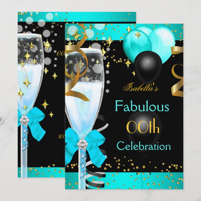Fantastische Aquamarine Blaue Champagner Gold Gebu Einladung (Vorne/Hinten)